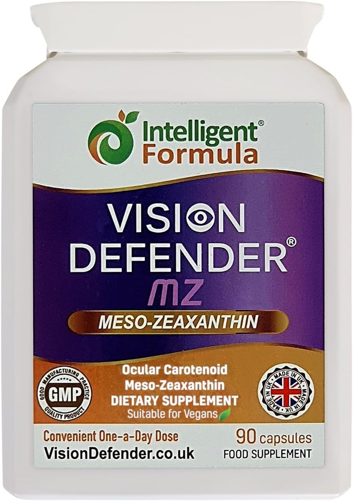 Vizyon Defender Meso Zeaxanthin Vegan Eye Supplement MZ- Koruma ve Ocular Health & Eye Care'i Geliştirin, Yüksek Güçlü Antioksit Meso-Zeaxanthin for Eyes (90 Capsules/One Daily) İngiltere'de Made in UK
