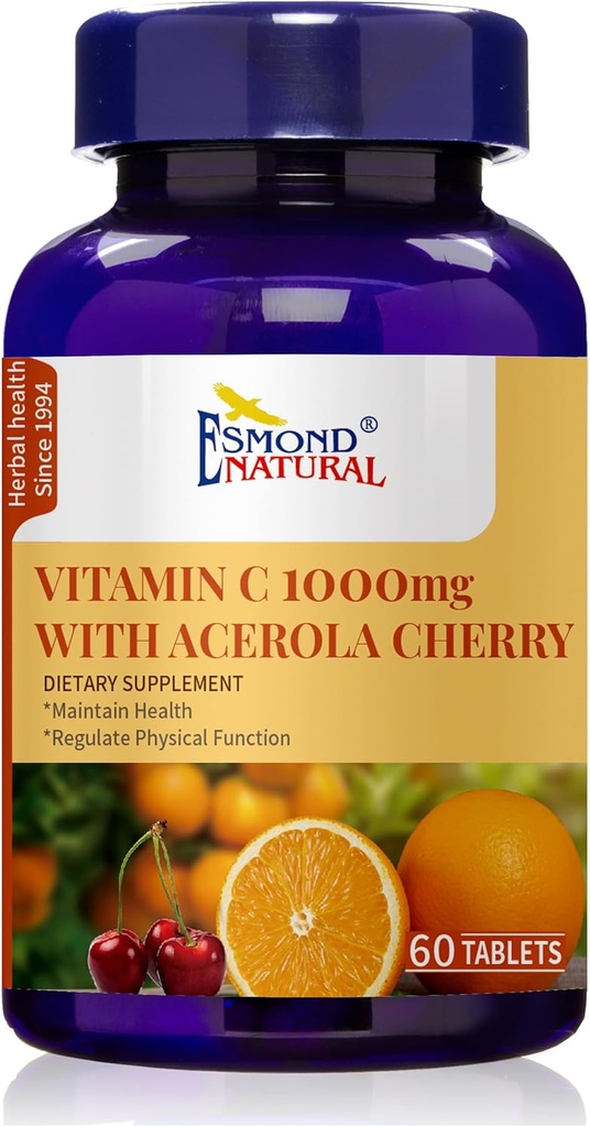 Βιταμίνη C 1000mg με Acerola Cherry (Υποστηρίγματα ανοσοποιητικού συστήματος, Επίπεδα ενέργειας, Ζωτικότητα δέρματος), GMP, Φυσικό Προϊόν Assn Certified, Made in USA - 1000mg, 60 δισκία