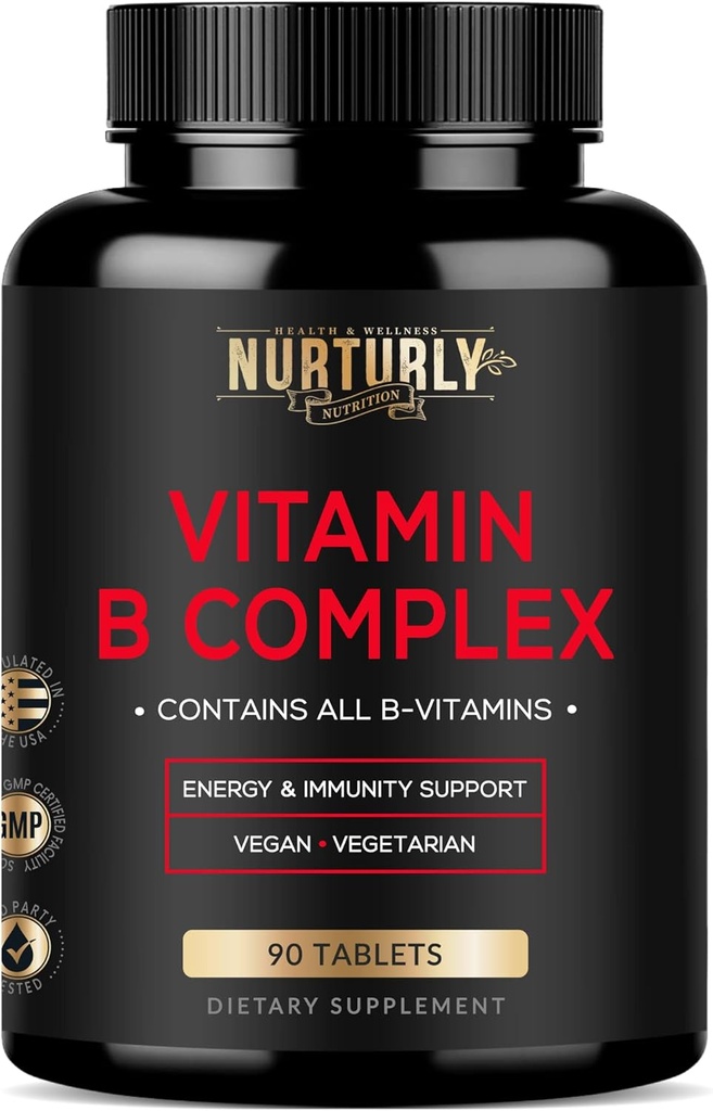 B Kompleks - Tüm Temel B Vitaminleri - B1, B2, B3, B5, B6, B7, B9, B12 ve Biotin - Süper B Kompleksleri Enerji için, Immunity ve Mood Desteği - 90 Tabletler