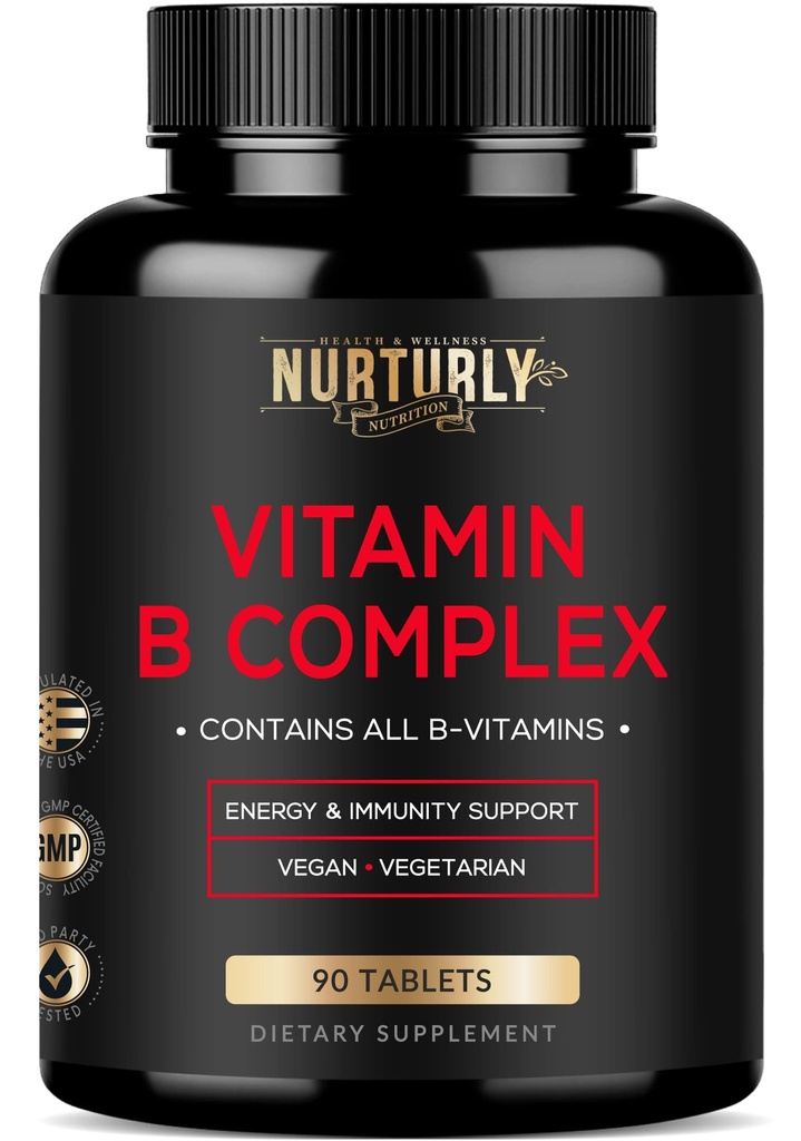 Vitamin B Complex - Περιέχει όλες τις βασικές βιταμίνες Β - B1, B2, B3, B5, B6, B7, B9, B12 και Biotin - Super B Complex Βιταμίνες για την ενέργεια, την ανοσία και την υποστήριξη Mood - 90 δισκία