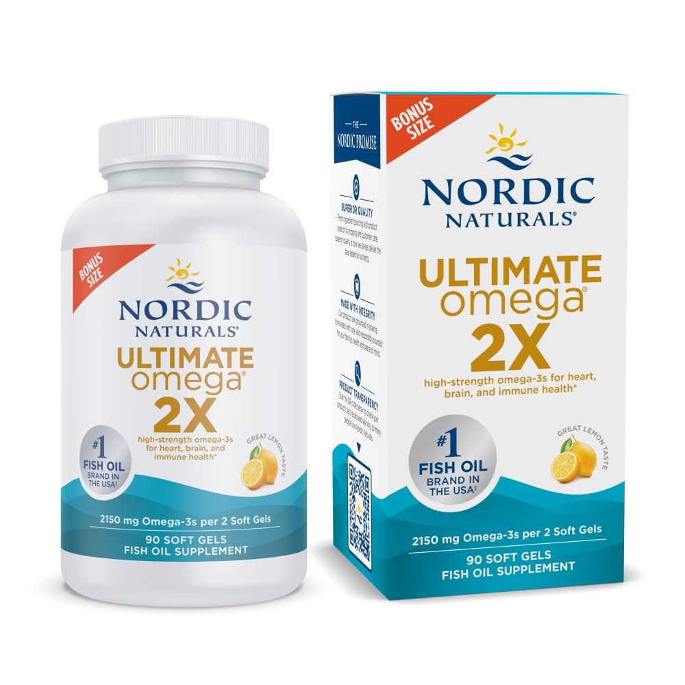 İskandinav Naturals Ultimate Omega 2X, Limon Flavor - 90 Soft Gels - 2150 mg Omega- High-Potency Omega-3 Fish Oil with EPA & DHA - Optisyen Beyin & Heart Health - Non-GMO - 45 Hizmetler