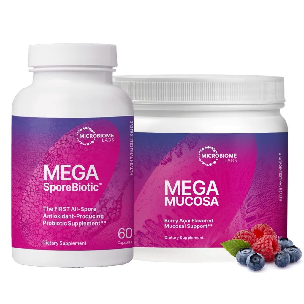Microbiome Labs MegaSporeBiotic (60 κάψουλες) + MegaMucosa (5.5oz σκόνη) Probiotic and Gut Mucosal Support Bundle - Spore-βασισμένο προβιοτικό με ανοσοσφαιρίνες, Amino Acids συμπλήρωμα σκόνης