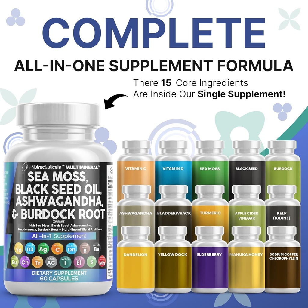 Temiz Nutraceuticals Sea Moss Black Seed Oil Ashwagandha Turmeric Bladderwrack Burdock & C Vitamin D3 with Elderberry Manuka Dandelion Sarı Dock Iodine Chlorophyll ACV - 2Pack