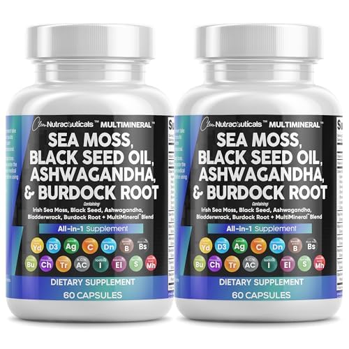 Temiz Nutraceuticals Sea Moss Black Seed Oil Ashwagandha Turmeric Bladderwrack Burdock & C Vitamin D3 with Elderberry Manuka Dandelion Sarı Dock Iodine Chlorophyll ACV - 2Pack