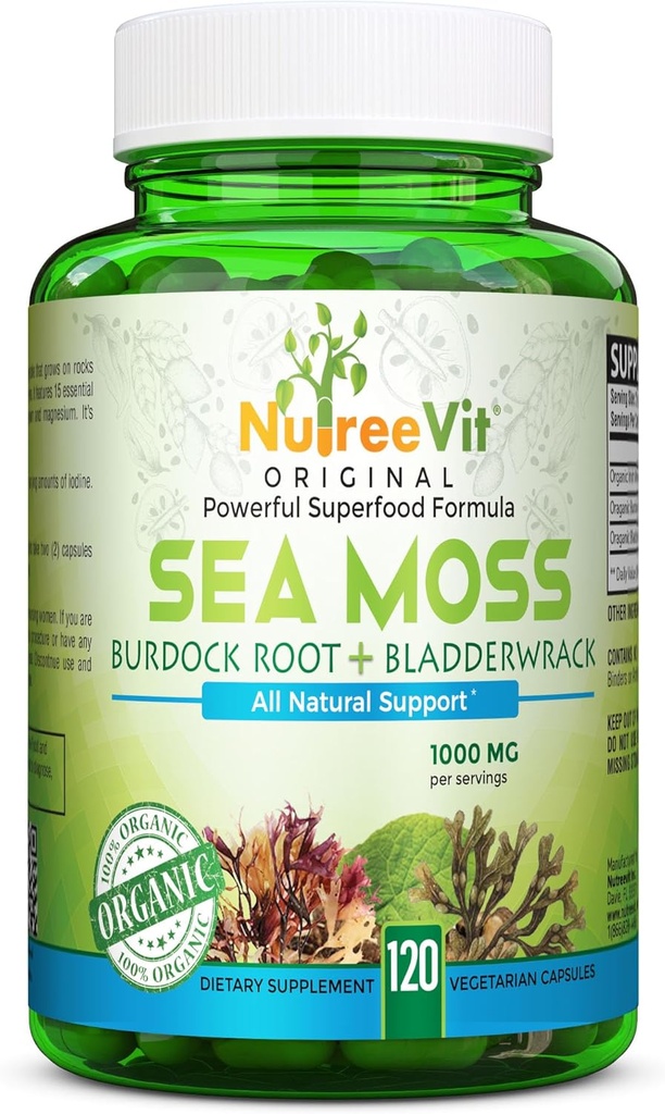 NutreeVit 100% Organik - Deniz Moss + Bladderwrack + Burdock Güçlü Superfood Formula (120 Capsules)