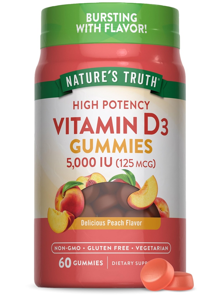 Doğanın Gerçek Vitamin D3 Gummies | 5000 IU | 60 Kont | Peach Flavor | Vegetarian, Non-GMO & Gluten Free Supplement Supplement Supplement