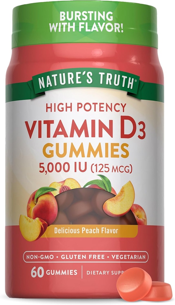 Doğanın Gerçek Vitamin D3 Gummies | 5000 IU | 60 Kont | Peach Flavor | Vegetarian, Non-GMO & Gluten Free Supplement Supplement Supplement