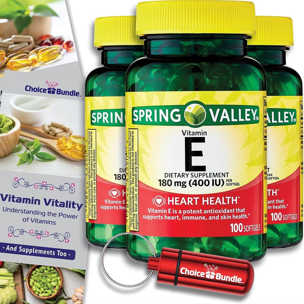 Choice Sche Spring Valley Vitamin E Heart Health Diyetary Supplement Softgels 180 mg (400 IU) 100 CT 3 pk (300 Toplam) + "Vitamin Vitality" Guide & Beauty Pill Container (5 Madde)!