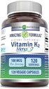 Amazing Formulas Vitamin K2 Menaq7 MK7 Supplement | 100 Mcg | Veggie Capsules | Non-GMO | Gluten Free | Made in USA (1 Pack, 120) Count) Count