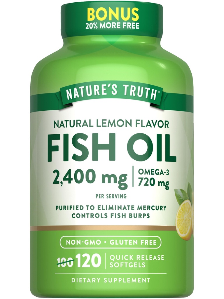 Nature's Truth Fish Oil 2400mg | 120 Quick Release Softgels | 720 mg Omega 3 | Burpless Lemon Flavor Pills | Non-GMO & Gluten Free Supplement