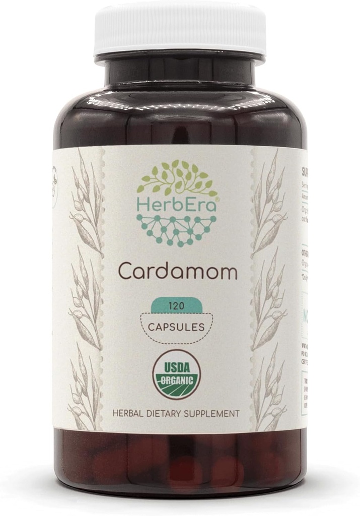 HerbEra Cardamom USDA Organic 120 Capsules | Natural Herbal Supplement | Sertifikalı Organik Vejetaryen Capsules ve Organik Cardamom (Elettaria kartamom) Pod (120 Capsules)