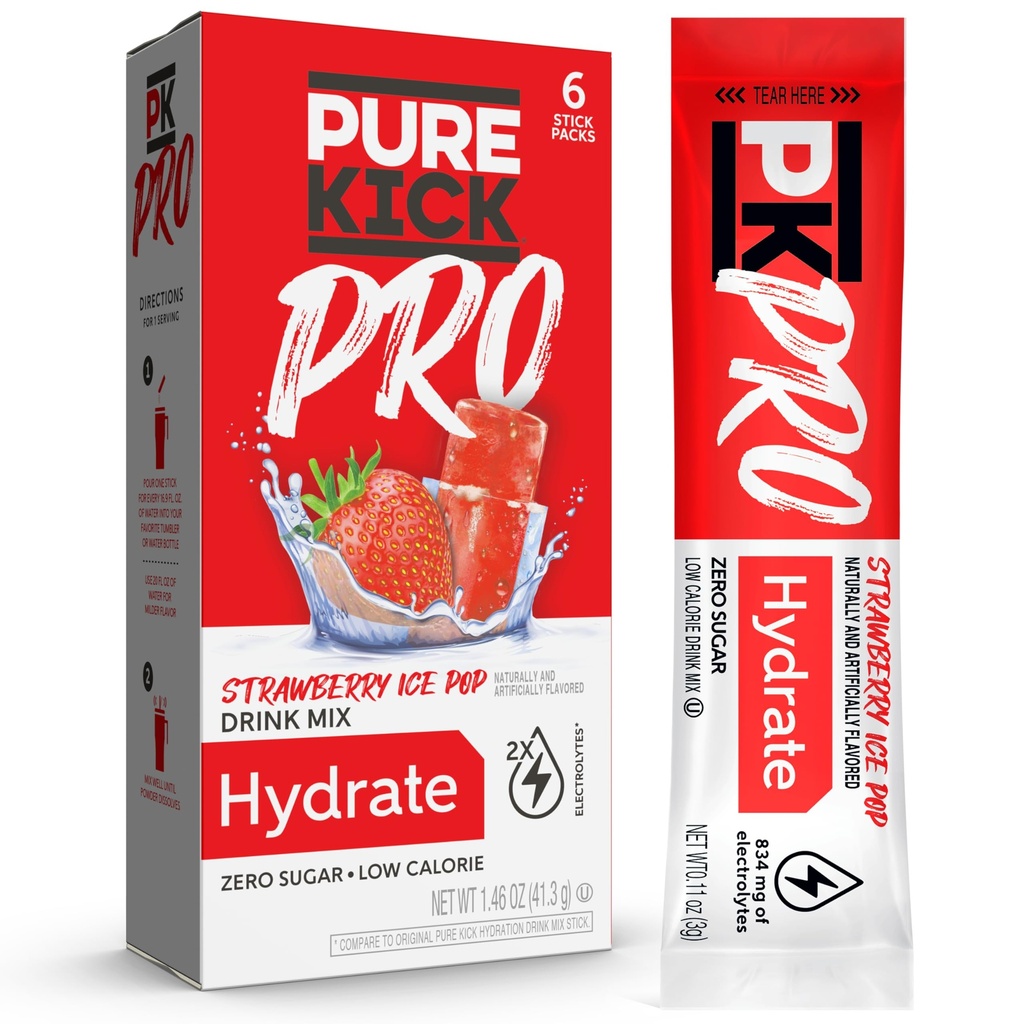 PURE KICK PRO Hydration Electrolyte Drink Mix, Strawberry Ice Pop, Her Box'da 6 Packets ile 1 Box içerir