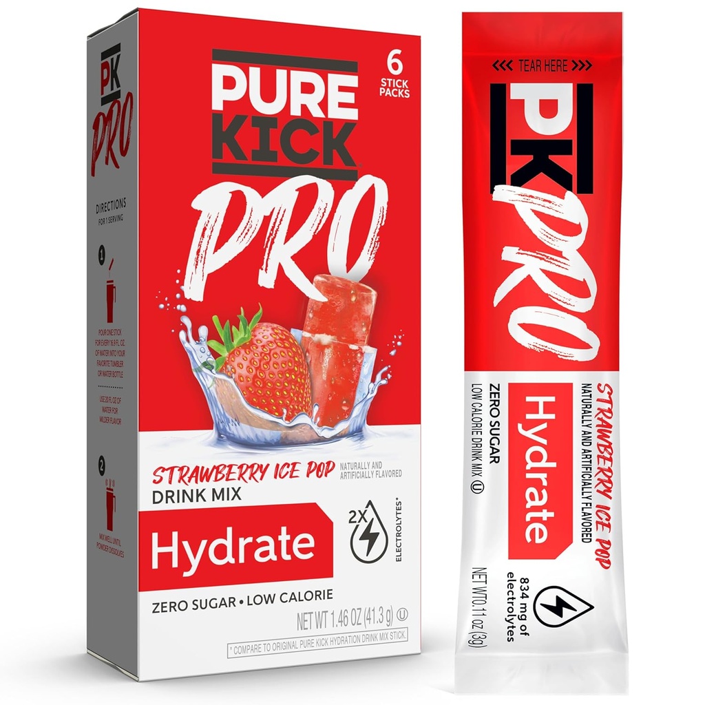 PURE KICK PRO Hydration Electrolyte Drink Mix, Strawberry Ice Pop, Her Box'da 6 Packets ile 1 Box içerir