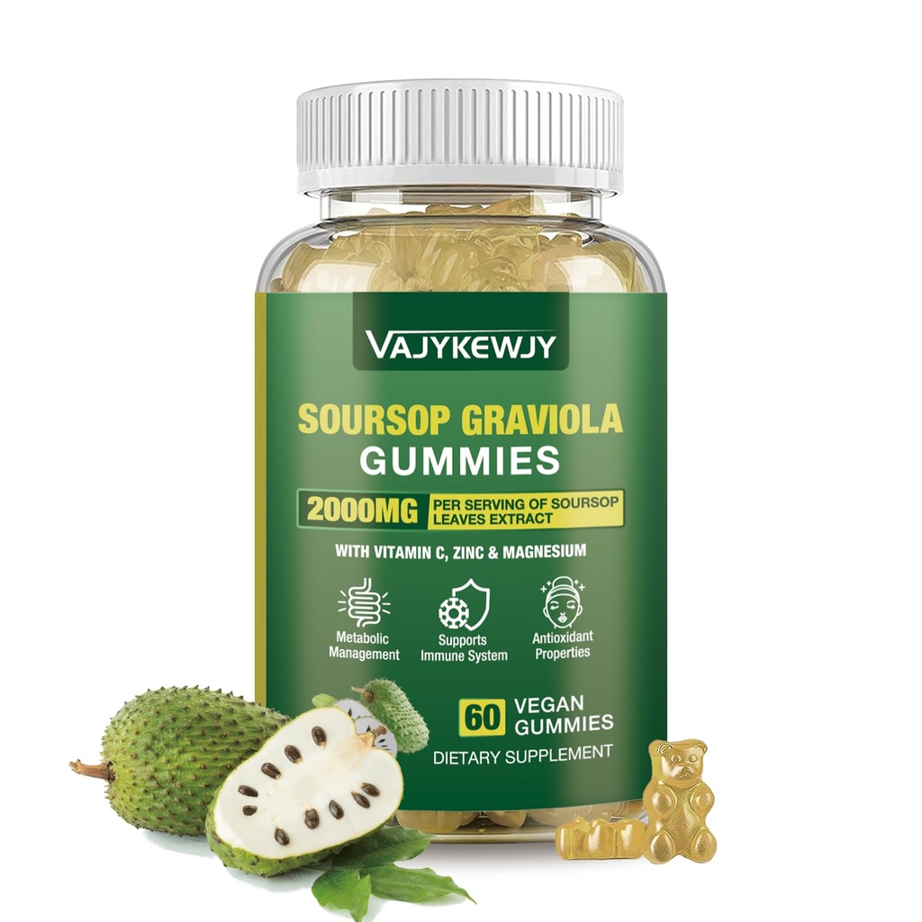 Soursop Graviola Gummies - 2000 mg Ekstra Güçlü Soursop Dersiyon, C vitamini, çinko & Bütün Doğal Gıda Immunity, Vegan, 60 Gummies