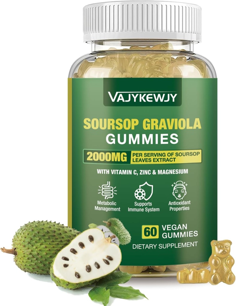 Soursop Graviola Gummies - 2000 mg Ekstra Güçlü Soursop Dersiyon, C vitamini, çinko & Bütün Doğal Gıda Immunity, Vegan, 60 Gummies