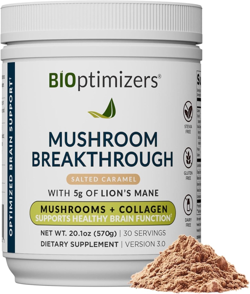 BIOptimizers Mushroom Coffee Alternative – Salted Caramel Drink – Lion's Mane, Chaga, Reishi + Collagen Peptides for Focus, Energy & Gut Health – Adaptojenik Mushrooms & MCT Toz – 30 Servisler