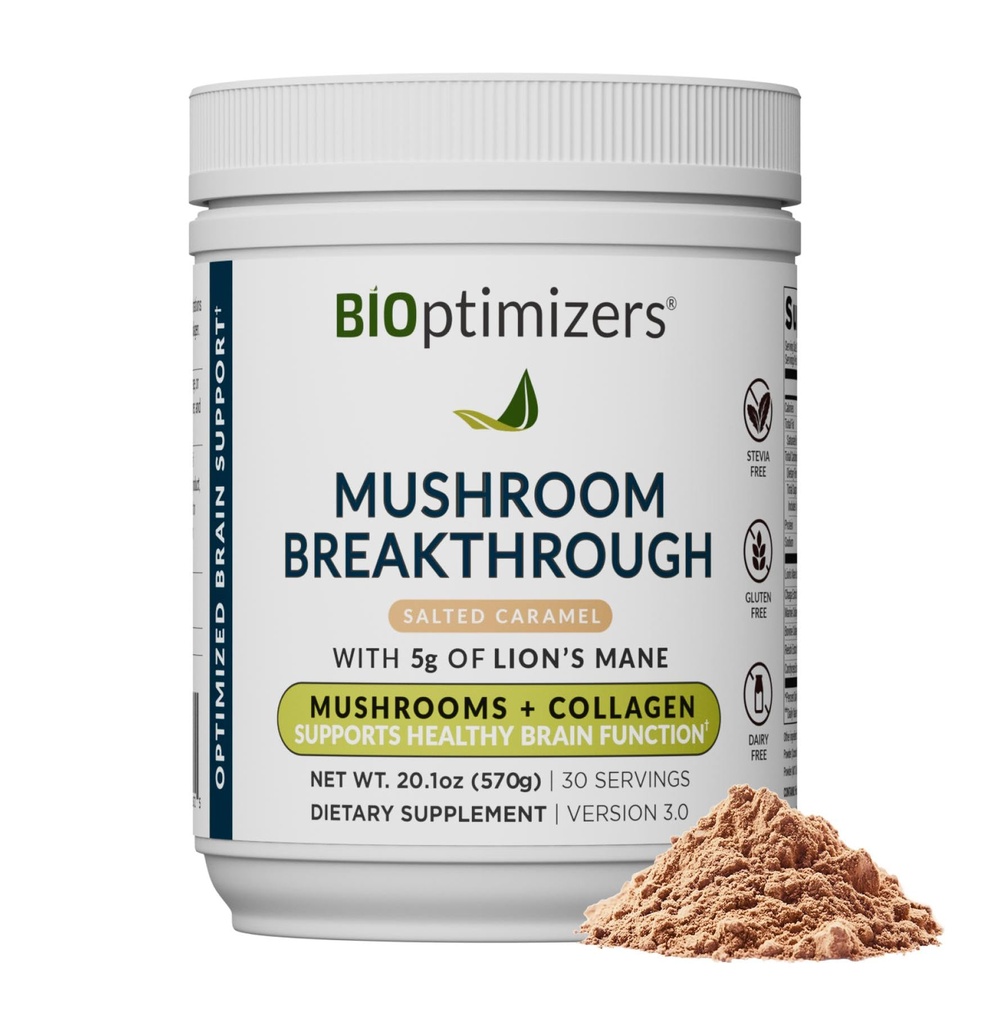 BIOptimizers Mushroom Coffee Alternative – Salted Caramel Drink – Lion's Mane, Chaga, Reishi + Collagen Peptides for Focus, Energy & Gut Health – Adaptojenik Mushrooms & MCT Toz – 30 Servisler