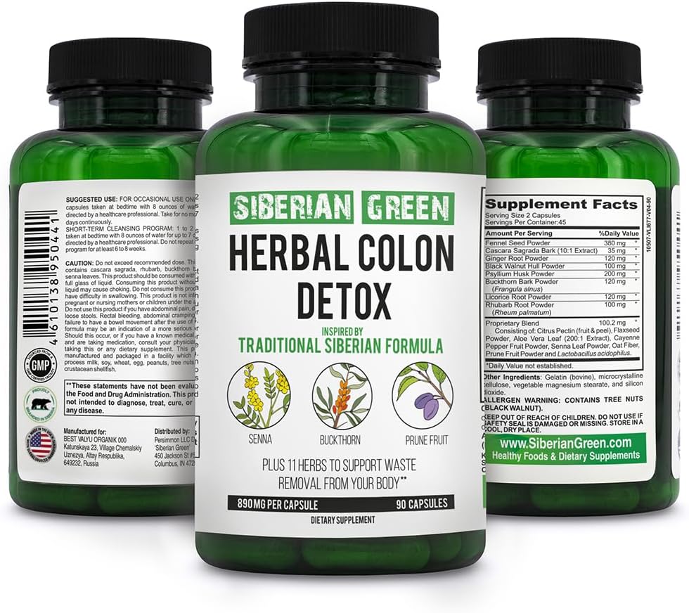 Sibirya Green Herbal Colon Detox ile Senna Buckthorn Prune Meyve 90 Capsules – Geleneksel Sibirya Formula 14 Herbs & Probiyotik to Cleanse Colon and Detox Body Detox