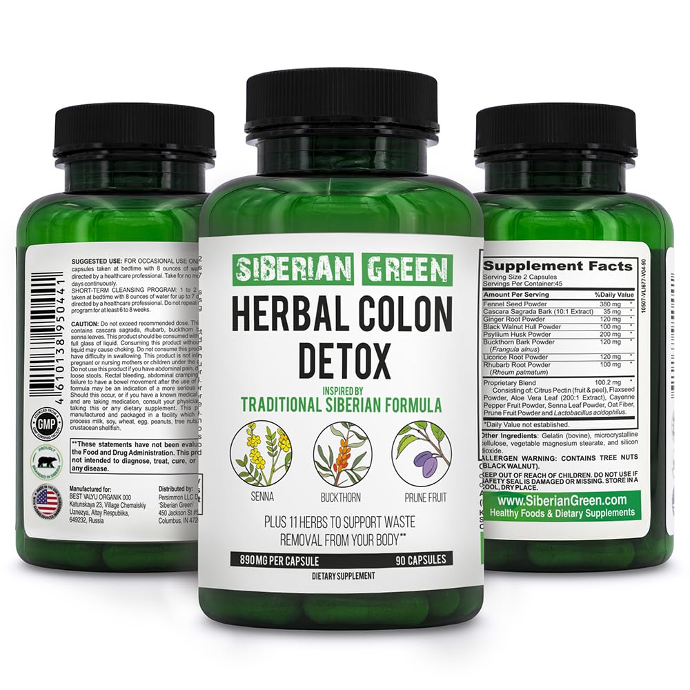 Sibirya Green Herbal Colon Detox ile Senna Buckthorn Prune Meyve 90 Capsules – Geleneksel Sibirya Formula 14 Herbs & Probiyotik to Cleanse Colon and Detox Body Detox