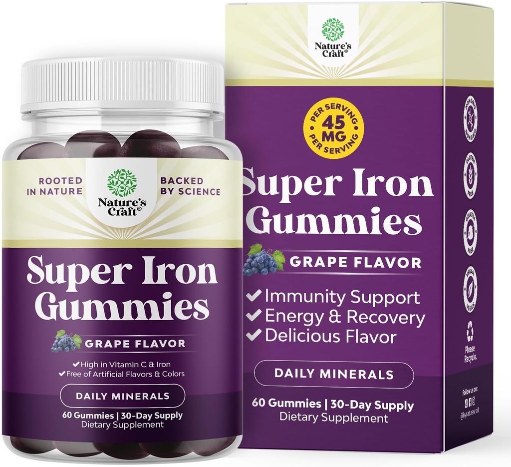 Επιπλέον δύναμη Iron Gummies για γυναίκες και άνδρες - ισχυρό 45mg ανά υπηρεσία Chewable συμπλήρωμα για γυναίκες και άνδρες με βιταμίνη C για υψηλότερη απορρόφηση - Vegan Καθημερινά Σίδερο Gummy Όχι τεχνητά αρώματα