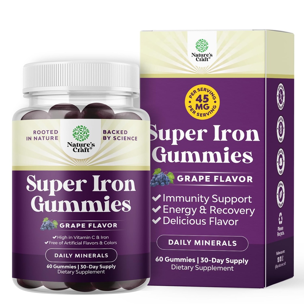 Kadınlar ve Erkekler için Ekstra Kuvvetli Demir Gummies - Yüksek Absorpsiyon için Kadınlar ve Erkekler için Chewable Supplement - Vegan Daily Iron Gummy No Yapay Flavors