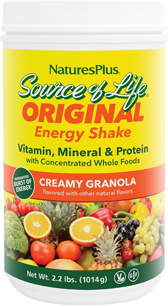 NaturesPlus Πηγή Ενέργειας Ζωής Shake - 2,2 lbs Multivitamin, Mineral & Protein Powder - Granola Flavor - Πλήρης αντικατάσταση γεύματος τροφίμων - Μη-GMO, χορτοφάγοι, χωρίς γλουτένη - 26 Σερβιέτες