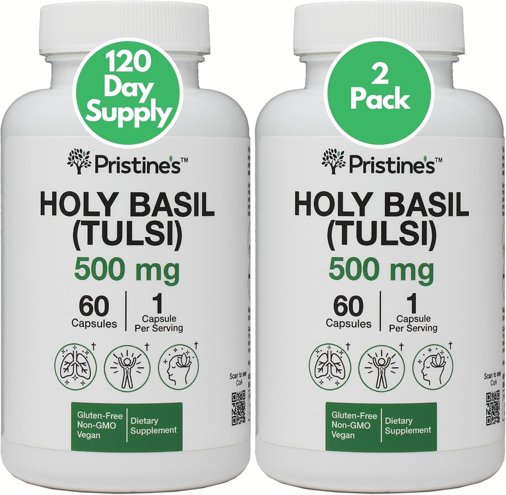 PRISTINE'S Holy Basil (Tulsi) 500 mg (2 Pack) Relaxation & Immunity Support Adaptogen Supplement - 120 Day Supply - Holy Basil Leaf Caps - Vegan - Non-GMO - Συμπληρώματα χωρίς γλουτένη