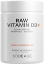 Codeage Raw Vitamin D3+ High Potency 5000 IU Supplement from Saccharomyces Cerevisiae - Raw Vitamin, Probiotics, Digestive Enzymes, Fruits & Greens - 2-Month Supply - 60 Capsules