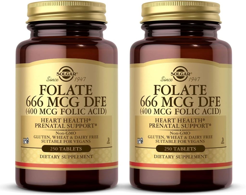 Solgar Folate 666 mcg DFE (Folic Acid 400 mcg) - 250 Tablet, 2 Paket - Prenatal Destek - Non-GMO, Vegan, Gluten Free, Dairy Free, Kosher - 500 Toplam Hizmetler