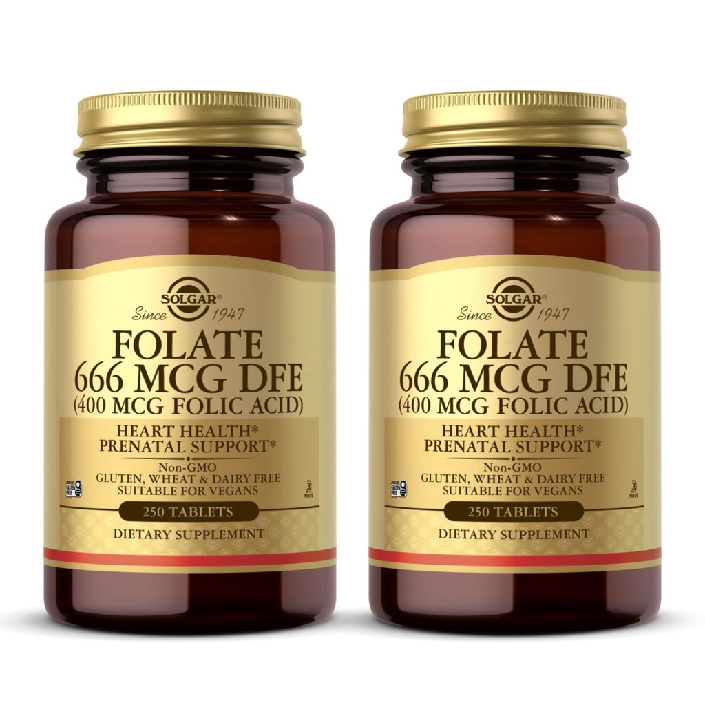 Solgar Folate 666 mcg DFE (Folic Acid 400 mcg) - 250 Tablet, 2 Paket - Prenatal Destek - Non-GMO, Vegan, Gluten Free, Dairy Free, Kosher - 500 Toplam Hizmetler