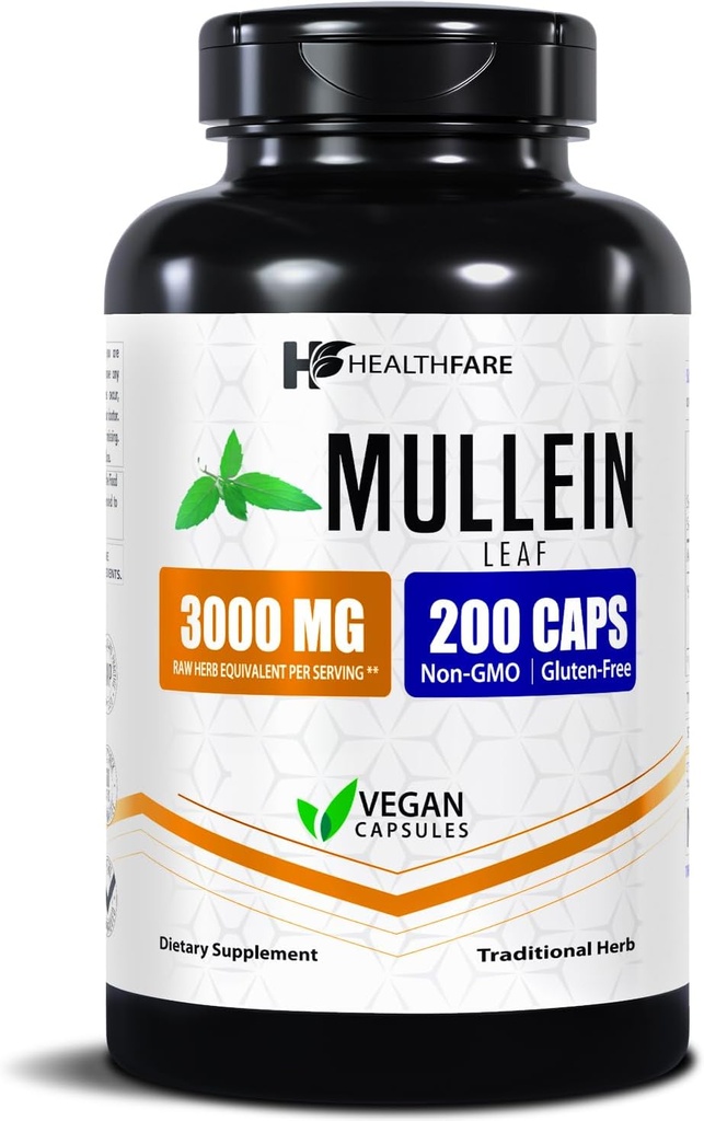 Healthfare Mullein Leaf Extract 3000 mg | 200 Vegan Capsules | Ekstra Kuvvet Herbal Supplement | Destekler Wellness & Balance | Non-GMO, Gluten-Free | Made in USA
