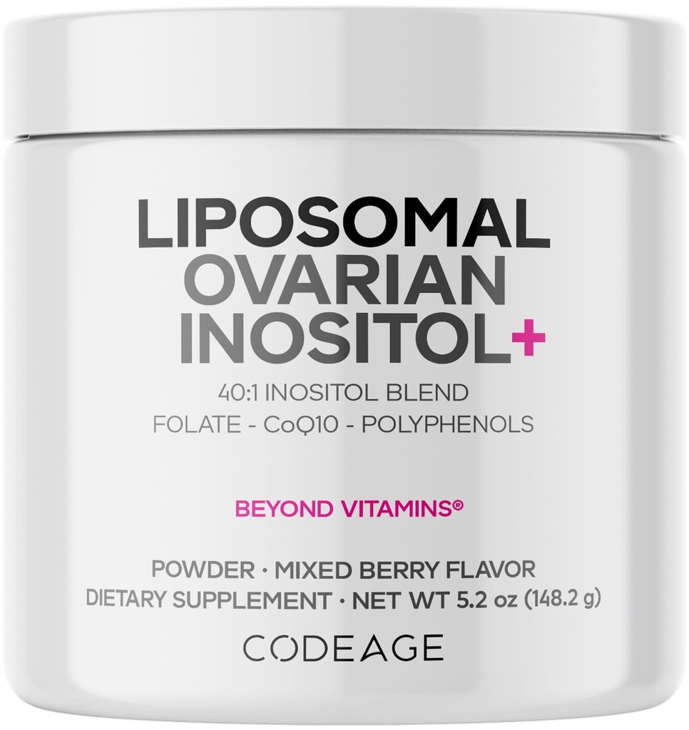 Codeage Liposomal Ovarian Inositol Powder - Myo-Inositol & D-Chiro-Inositol 40:1 Blend, Folate 5-MTHF, CoQ10, Ρόδι & Wild Blueberry - 2-Month Supply - Μικτή Γεύση Berry - Μη-GMO, 60 Υπηρεσίες