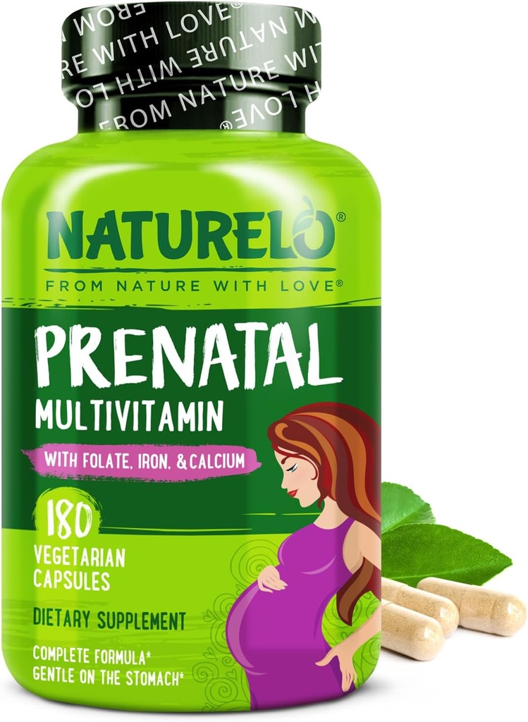 NATURELO Prenatal Multivitamin with Gentle Chelated Iron, Methyl Folate, Plant Calcium & Choline - Vegan, Vegetarian - Non-GMO - Gluten Free - 180 Capsules - 2 Month Supply