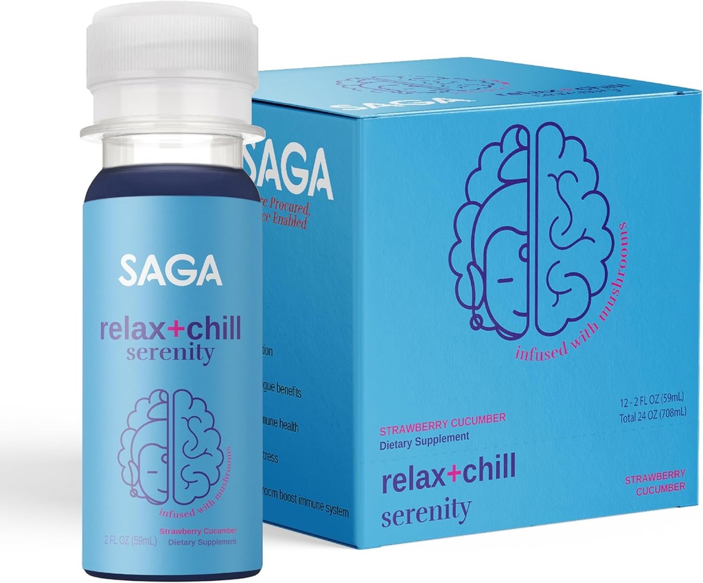 SAGA Organik Rahatlama Shots | Contains Adaptogens & Mushrooms - Lion's Mane & Kava | High Bioavailability & Fast Onset | Elevate Mood & Reduce Fatigue | Strawberry Cucumber 2oz Shots (12-Pack)