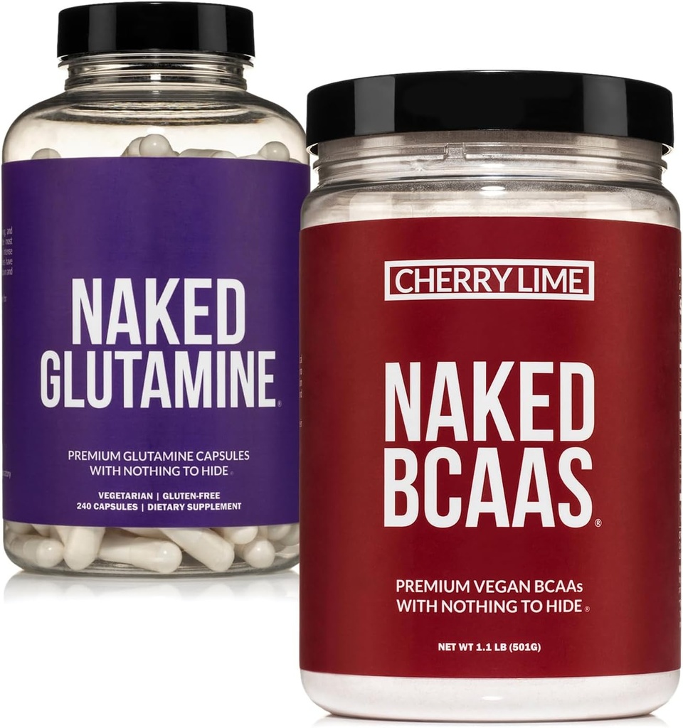 NAKED Cherry Lime BCAAs 34 Sevings + Pure L-Glutamine 240 Capsules Sche: Non-GMO, Gluten Free, Muscle Recovery, Hiçbir Şey Yapay Değil