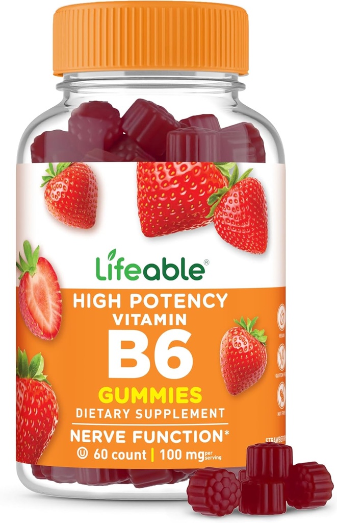 Lifeable Vitamin B6 Gummies | 100 mg | Great Tasting VIT B6 Supplement | Vegan B6 Vitamini Yetişkinler için 6, Yetişkinler için, Erkekler, Kadınlar | 60 Gummies