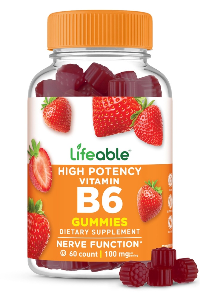 Lifeable Vitamin B6 Gummies | 100 mg | Great Tasting VIT B6 Supplement | Vegan B6 Vitamini Yetişkinler için 6, Yetişkinler için, Erkekler, Kadınlar | 60 Gummies