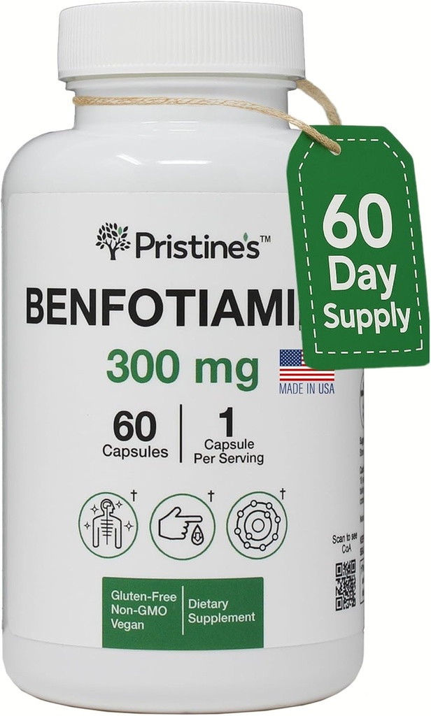 PRISTINE'S Benfotiamine 300 mg Yüksek Biyoavailability Nerve Support Supplement - 60 Day Supply - Fat uli Vitamin B1 Supplements - Vegan - Non-GMOMO