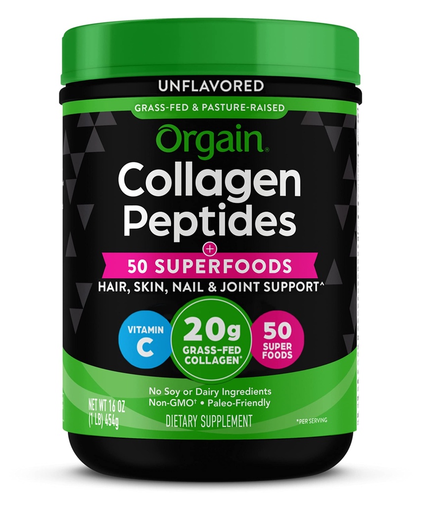 Orgain Hydrolyzed Collagen Powder + 50 Organic Superfoods για γυναίκες & άνδρες, 20g Grass Fed Collagen με βιταμίνη C, Unflavoured - μαλλιά, δέρμα, νύχια, & κοινό συμπλήρωμα υποστήριξης, μη GMO, τύπου I & III, 1lb