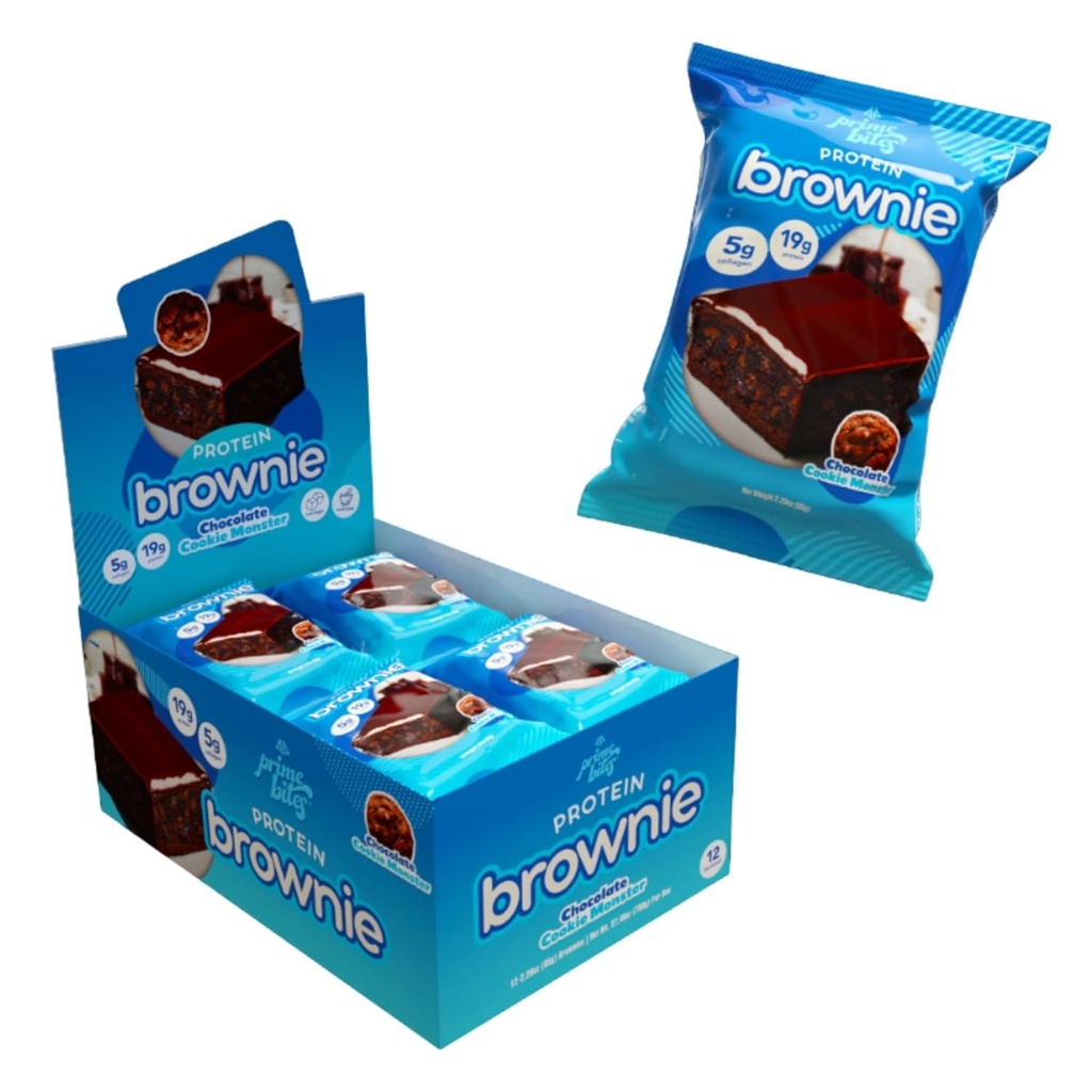 Prime Bites Protein Brownie from Alpha Prime Supplements | High Protein, Collagen Fortified Low Sugar Treat | Delicious Snack | 12 Bars per Box (Chocolate Cookie Monster)