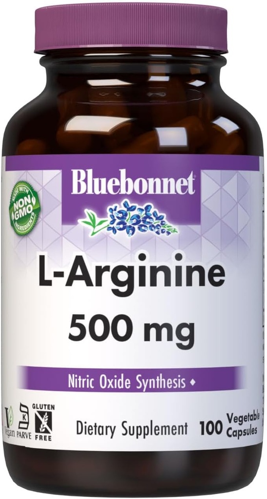 Bluebonnet Nutrition L-Arginine 500mg, Free-Form Amino Acid, Nitric Oxide Precursor*, Soy-Free, Gluten-Free, Non-GMO, Kosher Certified, Vegan, 100 Vegetable Capsules, 100 Servings, White