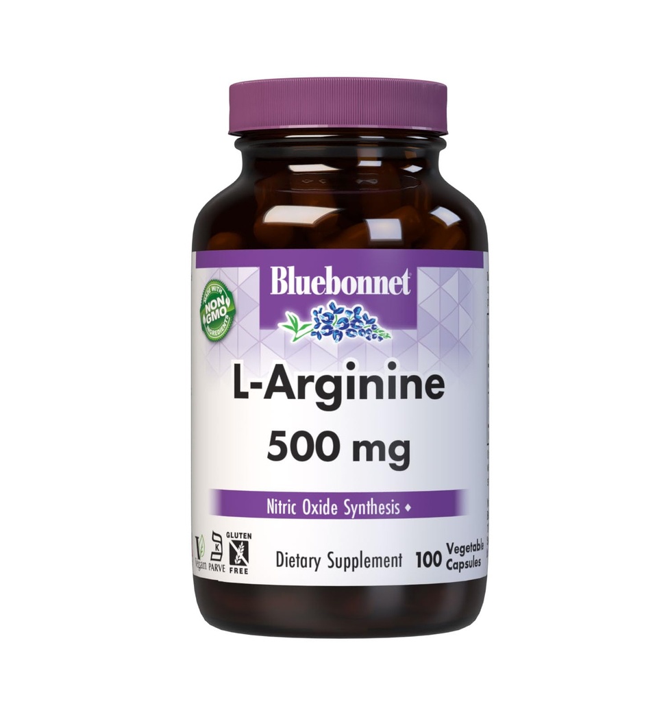 Bluebonnet Nutrition L-Arginine 500mg, Free-Form Amino Acid, Nitric Oxide Precursor*, Soy-Free, Gluten-Free, Non-GMO, Kosher Certified, Vegan, 100 Vegetable Capsules, 100 Servings, White