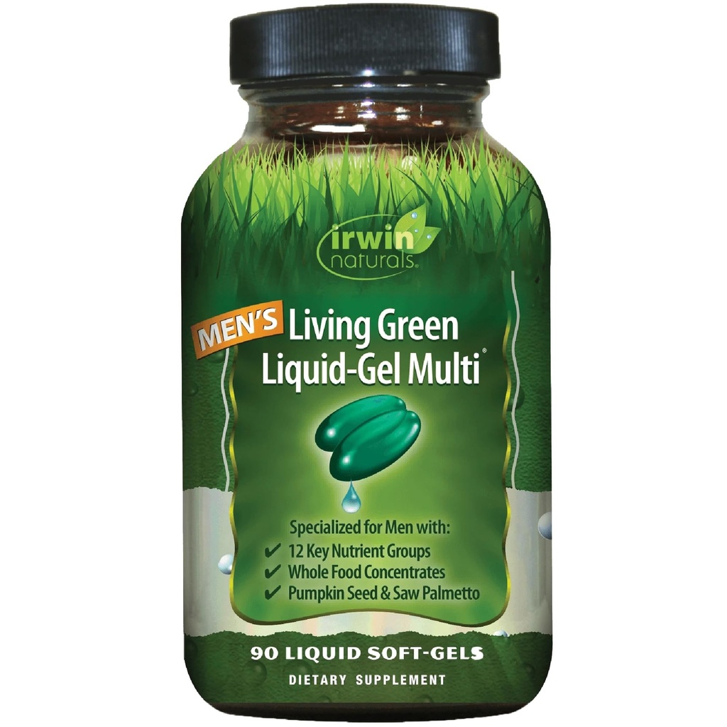 Irwin Naturals Men's Living Green Liquid-Gel Multi - 70 Essent Nutrients, Full-Spectrum Vitamins, Wholefood Blend - Στοχευμένη υποστήριξη επινεφριδίων & εγκεφάλου - 90 Liquid Softgels