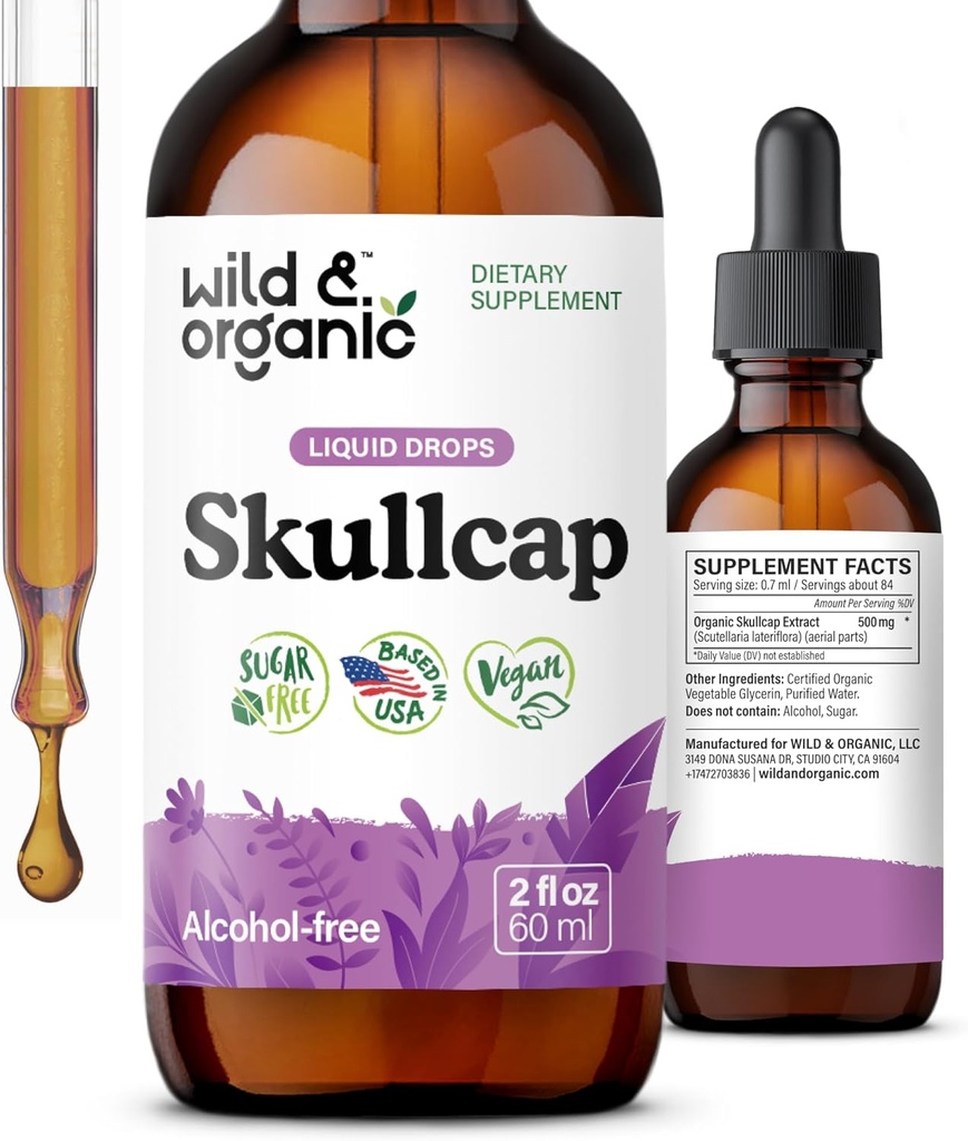 Wild & Organic Skullcap Tincture - Rahatlama, İyi Mood, Calmness - Sıvı Skullcap Herb Supplement - Vegan, Sugar & Alkol Ücretsiz Drops - 2 fl oz