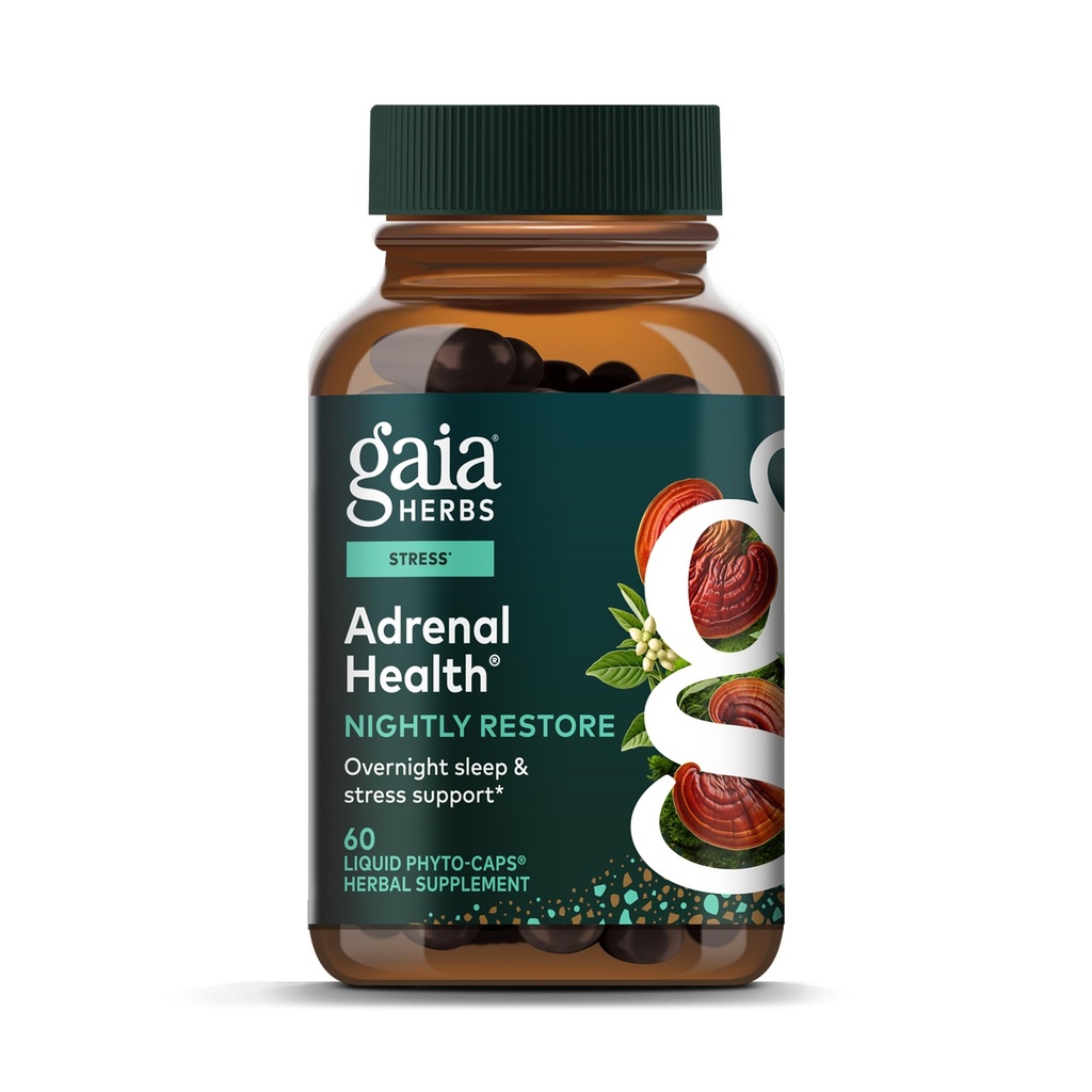 Gaia Herbs Adrenal Health Nightly Restore - Herbal Supplement with Ashwagandha, Magnolia Bark, Cordyceps, Lemon Balm & More* - 60 Vegan Liquid Phyto-Caps (30 Servings)