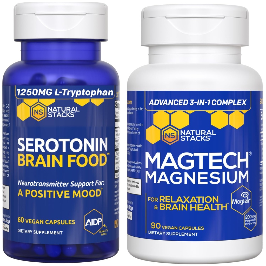 ΦΥΣΙΚΑ ΣΤΑΚΙΑ MagTech Magnesium + Σεροτονίνη Brain Food Bundle - Υποστηρίζει την χαλάρωση, την υγεία του εγκεφάλου και μια θετική διάθεση* - 150 Total Capsles