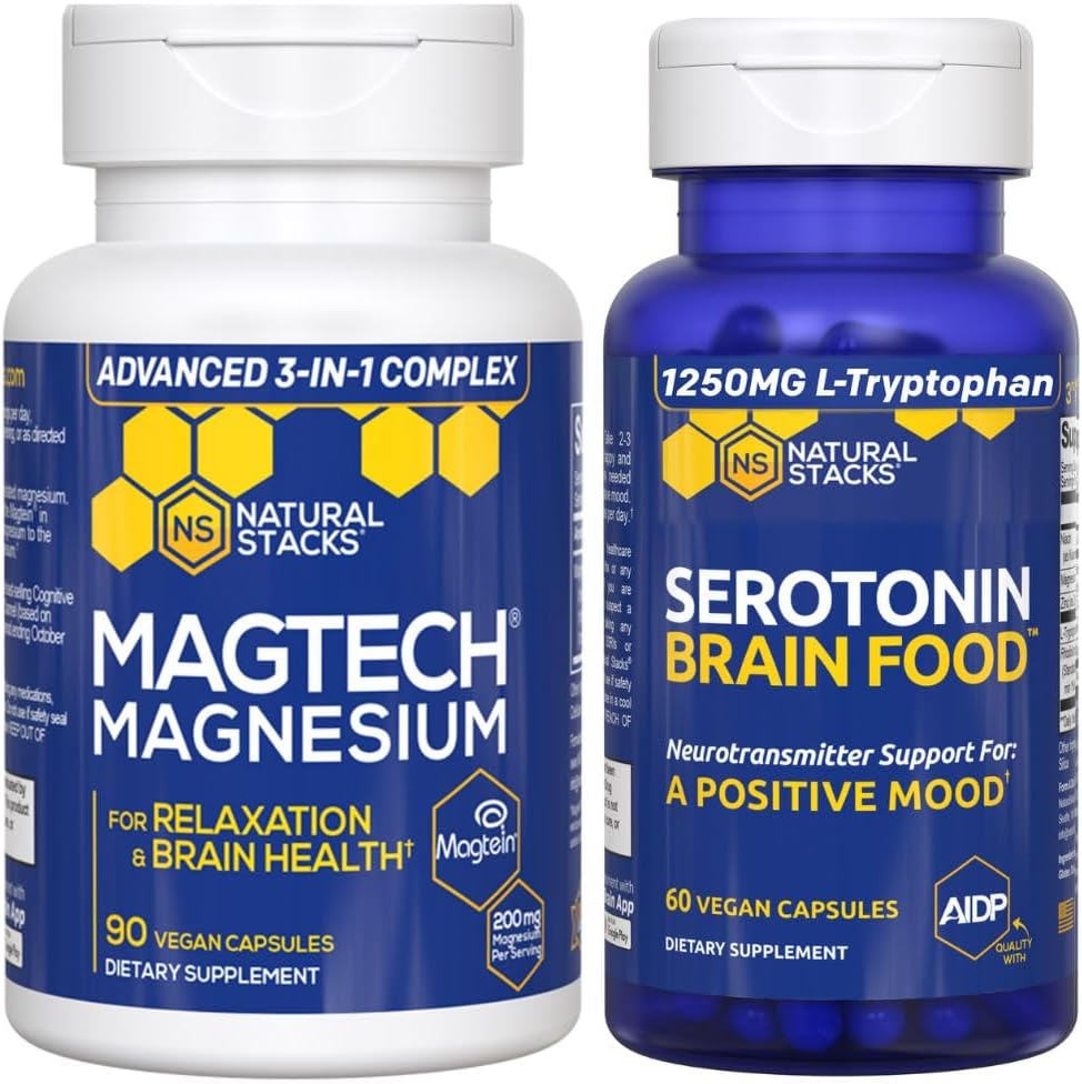 NATURAL STACKS MagTech Magnezyum + Serotonin Beyin Gıda Paketi - Rahatlama, Beyin Sağlığı ve Olumlu Bir Mood* - 150 Total Capsules