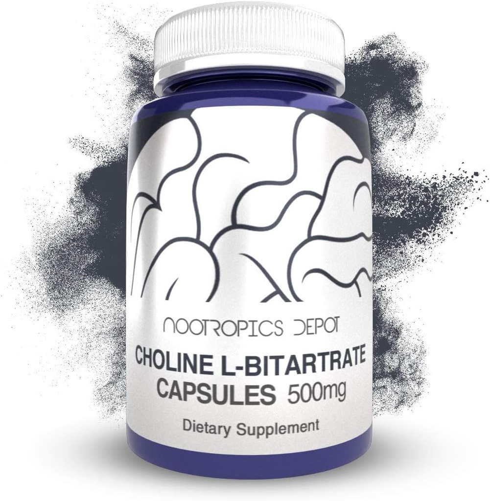 Choline L-Bitartrate Capsules 500 mg (180 Kont) | Choline Supplement | Supports Cognitive Function, mental Performans ve Fiziksel Endurance