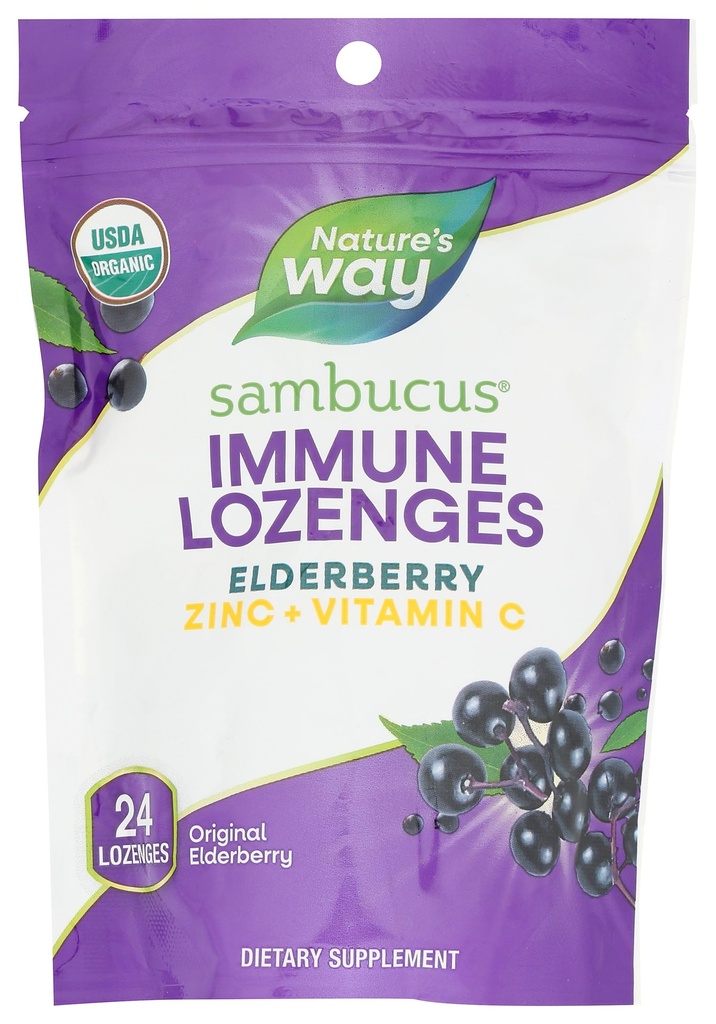 Nature's Way Sambucus Immune Lozenges, çinko + Vitamin C, Black Elderberry Extract, USDA Sertifikalı Organik, Original Berry Flavored, 24 Lozenges (Pazarlama May Vary)