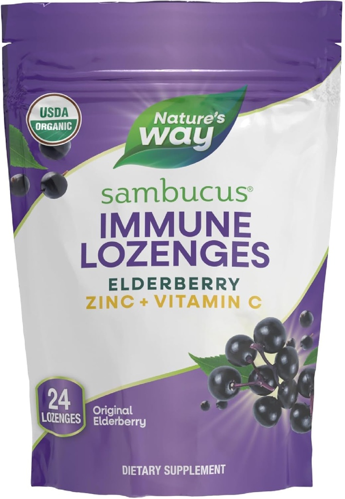 Nature's Way Sambucus Immune Lozenges, çinko + Vitamin C, Black Elderberry Extract, USDA Sertifikalı Organik, Original Berry Flavored, 24 Lozenges (Pazarlama May Vary)